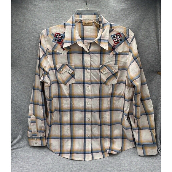Wrangler Size Large Blue Gold Tan Long Sleeve Pearl Snap Shirt Western Aztec - Picture 1 of 6